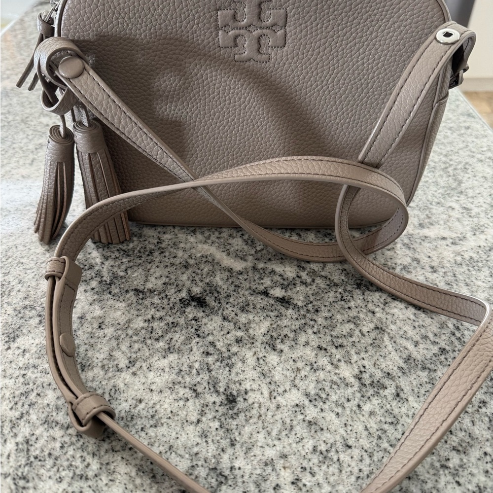 Tory Burch Gray Pebbled Leather Crossbody Bag